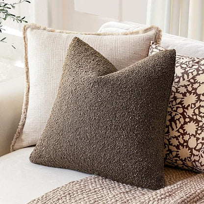 Foindtower Pack of 2 Textured Boucle Throw Pillow Covers Accent Solid Decorative Pillow Cases Cozy Woven Couch Cushion Case for Chair Sofa Bedroom Living Room Home Decor 20x20 Inch Light Brown