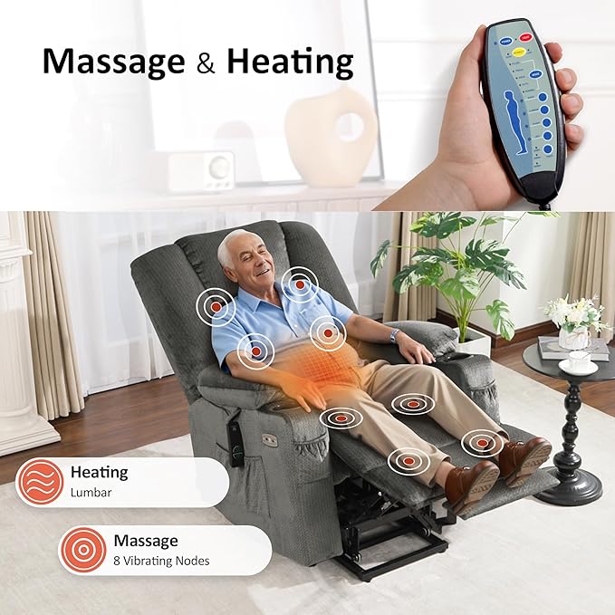 MCombo Large Power Lift Recliner Chair Sofa with Massage and Heat for Big and Tall Elderly People, 3 Positions, Cup Holders, and USB Ports, Fabric 7549 (Large, Grey)