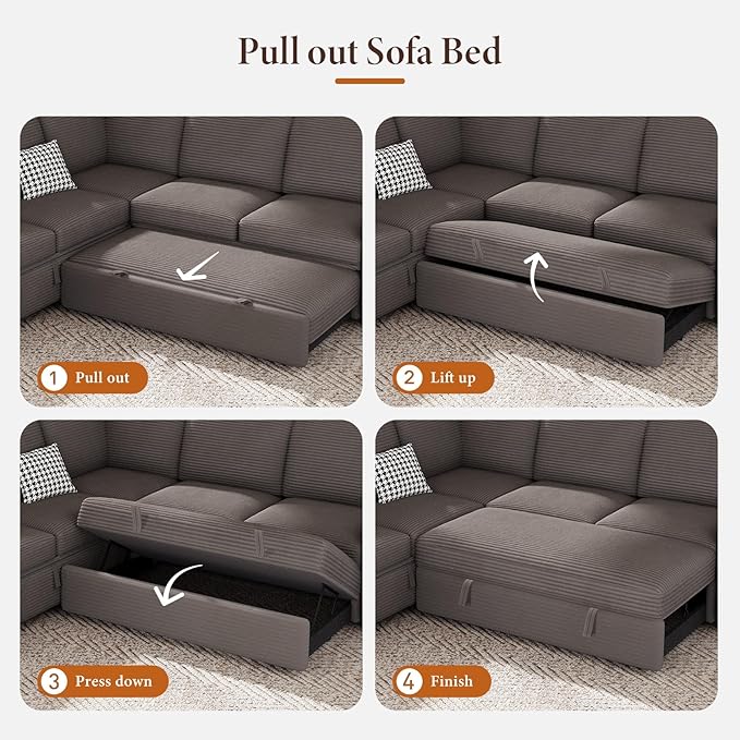 Vesgantti 88.4" Sleeper Sectional Couch with Pull Out Bed, 5 Seater L Shaped Modular Sectional Sofa with Storage, Comfy Corduroy Modular Sofa for Living Room, Bedroom, Apartment, Light Coffee