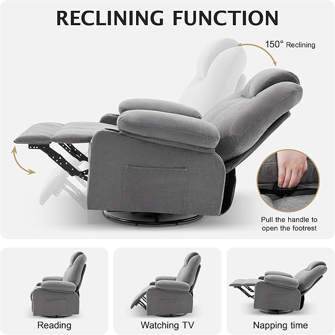 Oversized Swivel Rocker Recliner Sofa Chair with Heat and Massage, Large Big Recliner for Living Room, 360 Degree Swivel Rocking Single Sofa with Cup Holders and USB Port(Fabric, Cloud Grey)