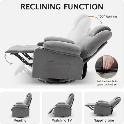 Oversized Swivel Rocker Recliner Sofa Chair with Heat and Massage, Large Big Recliner for Living Room, 360 Degree Swivel Rocking Single Sofa with Cup Holders and USB Port(Fabric, Cloud Grey)