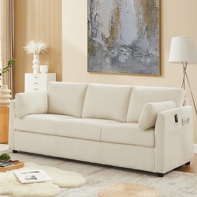 3 Seater Couches for Living Room, 79" Modern Corduroy Sofa with 2 Pillows and Storage Pockets, Small Beige Couches for Apartment, Small Spaces, Home Office