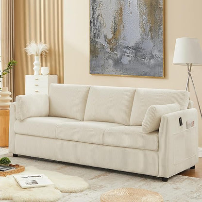3 Seater Couches for Living Room, 79" Modern Corduroy Sofa with 2 Pillows and Storage Pockets, Small Beige Couches for Apartment, Small Spaces, Home Office