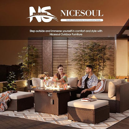 NICESOUL 9 Piece Patio Furniture Conversation Set, Extra Large Size Outdoor Rattan Sectionals with Fire Pit Table Natural Gas & Propane Convertible, 29.3'' High Back 8 Seater Deep Wide Sofa, Espresso