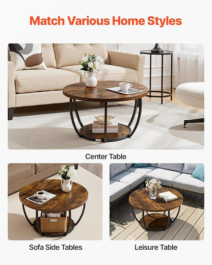 VEVOR Coffee Table, Modern Round Coffee Table, 2 Tiers Wooden Circle Center Desk with Open Storage, Minimalist Sturdy Metal Frame Accent End Desk for Living Room, Office, Easy Assembly, Rustic Brown