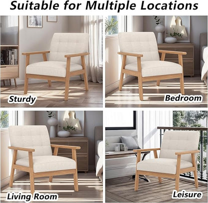 Modern Accent Chair with Wooden Table, Upholstered Linen Fabric Leisure Side Chair with Arm Rest and Wooden Frame for Living Room Bedroom Reading (Beige)