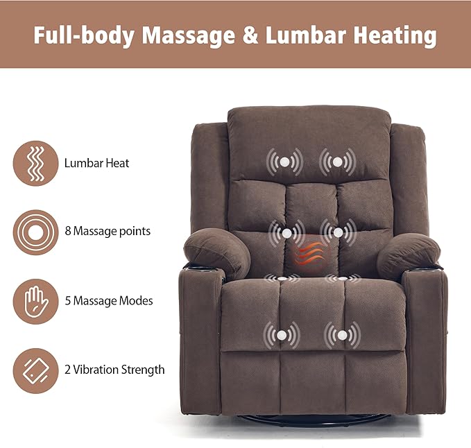 Swivel Rocker Recliner Chair for Adults with Massage and Heat, Cup Holders and Side Pockets, Glider Rocking Reclining Single Sofa Chair for Living Room (Cocoa)