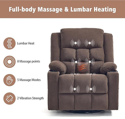 Swivel Rocker Recliner Chair for Adults with Massage and Heat, Cup Holders and Side Pockets, Glider Rocking Reclining Single Sofa Chair for Living Room (Cocoa)