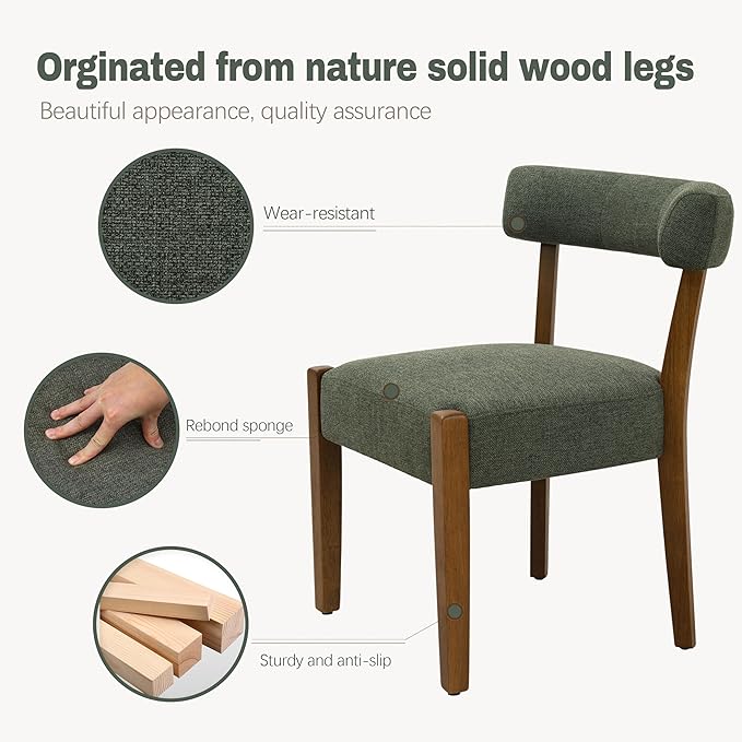 Modern Green Dining Chairs Set of 2, Walnut Upholstered Kitchen & Dining Room Chairs, Mid Century Modern Wooden Dining Chairs Oversized Sturdy Fabric Rounded Chairs Curved Back