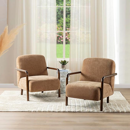 Glitzhome Modern Accent Chair for Living Room, Upholstered Extra-Cushioned Fabric Armchair with Walnut Rubber Wood Frame, Comfy Single Chair for Living Room/Bedroom/Reading Room/Office