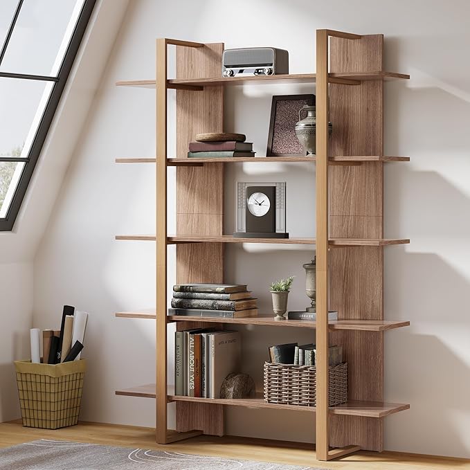 Tribesigns 5-Tier 47 Inches Bookshelf Bookcase, Boho Open Bookshelves Etagere Display Office Shelving Unit, for Living Room, Office & Bedroom, Metal & Wood, Retro Dark Brown