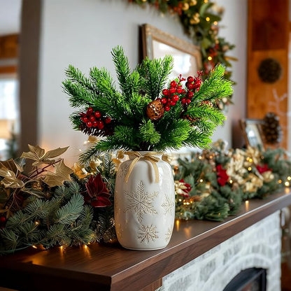 8PCS Artificial Pine Branches with Red Berry Pine Cones Artificial Needles Branches Greenery Stems Fake Greenery Floral Arrangements