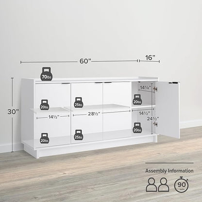 Prepac Simply Modern 4 Door Console Table with Storage, White Storage Cabinet with Doors and Shelves, Sideboard Storage Cabinet 60" W x 30" H x 16" D, WCBG-1820-1