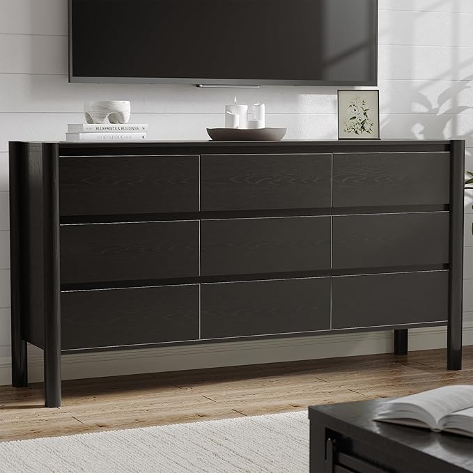 CHUWELL Dresser for Bedroom, 63" Wide Mid Century Modern Chest of Drawers with 9 Large Storage Space and 4 Solid Wood Cylindrical Legs, 9 Drawer Large Dresser for Bedroom(Black)