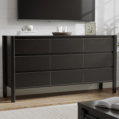 CHUWELL Dresser for Bedroom, 63" Wide Mid Century Modern Chest of Drawers with 9 Large Storage Space and 4 Solid Wood Cylindrical Legs, 9 Drawer Large Dresser for Bedroom(Black)