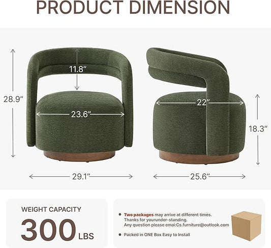 Swivel Accent Chair, Upholstered Barrel Chair with Open Back Design, Modern Arm Chair with Wooden Base for Living Room Bedroom Reading Waitingroom, Green