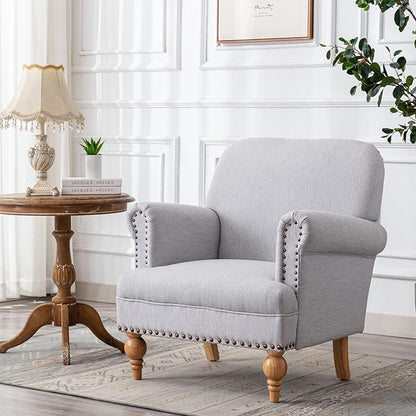 DM-Furnitue Wide Armchair Modern Linen Accent Chair Comfy Reading Chairs Upholstered Lounge Chair Single Sofa Couch for Bedroom/Living Room, Grey