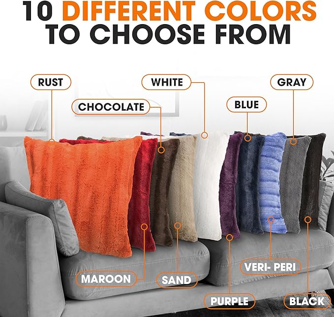 Cheer Collection Faux Fur Throw Pillows - Fall Decorative Throw Pillows for Couch, Bed Throw Pillows, Rust Accent Pillows for Bedroom or Living Room Aesthetic, Set of 2 Furry Throw Pillows, 18”x18”