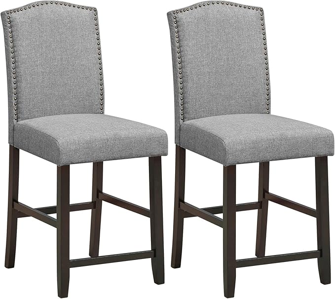 COSTWAY Bar Stools Set of 2, 25'' Upholstered Counter Height Bar Stools with S-Shaped Spring Thick Cushion, Rubber Wood Legs, High Back Leisure Chairs for Living, Kitchen, Dining Room (Grey, 2)