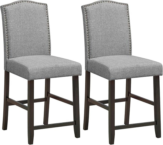 COSTWAY Bar Stools Set of 2, 25'' Upholstered Counter Height Bar Stools with S-Shaped Spring Thick Cushion, Rubber Wood Legs, High Back Leisure Chairs for Living, Kitchen, Dining Room (Grey, 2)