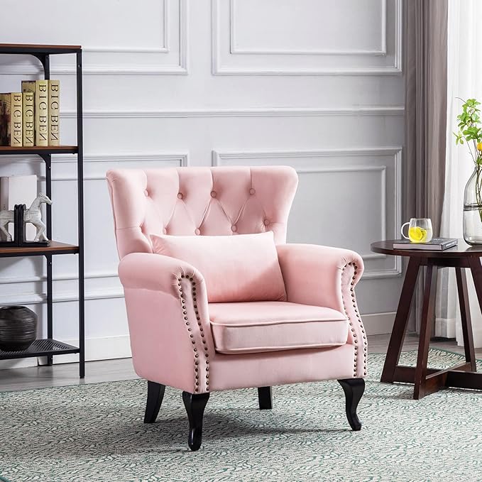 Accent Reading Arm Chairs Set of 2 for Living Room Bedroom, Midcentury Modern Comfy Corner Sofa Chair, Wingback Waiting Room Club Chair with Button Tufted Back &Lumbar Pillow, Velvet Pink