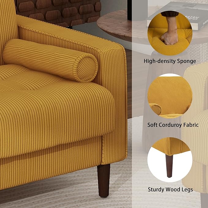 Oversized Accent Chair Set of 1, Corduroy Fabric Mid Century Modern Armchair with Large Seat for Living Room Bedroom Reading