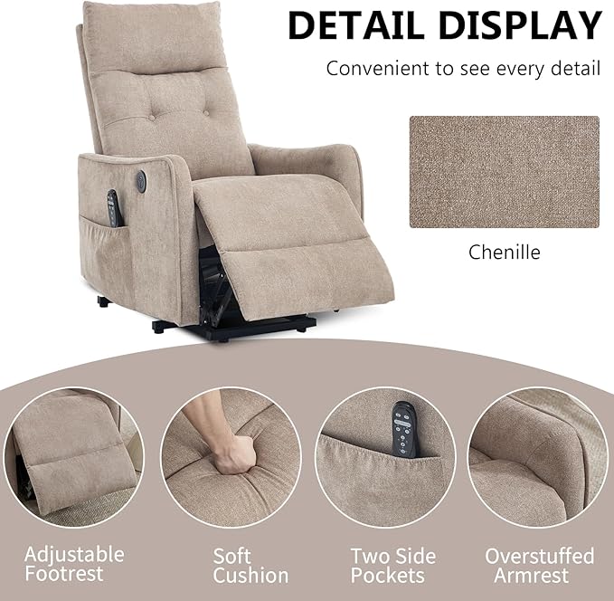 PELUMY Manual Lift Recliner Chair with Massage and Heat for Elderly, Single Motor Electric Lift Chair, Heavy Duty Recliner with USB Charging & Side Pockets (Chenille, Khaki)