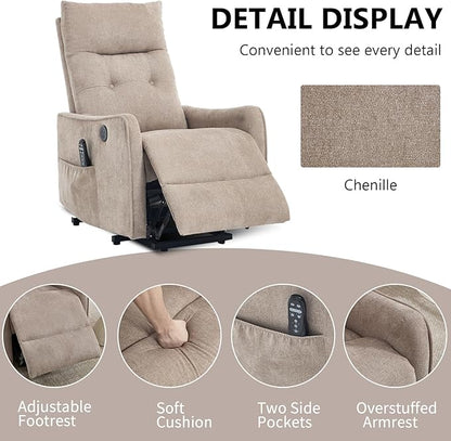 PELUMY Manual Lift Recliner Chair with Massage and Heat for Elderly, Single Motor Electric Lift Chair, Heavy Duty Recliner with USB Charging & Side Pockets (Chenille, Khaki)
