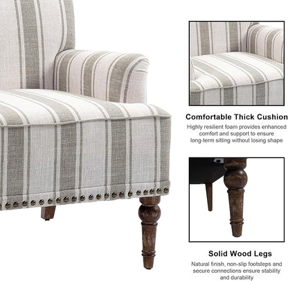 Accent Chair, Mid Century Modern Comfy Armchair for Living Room, Linen Fabric Single Sofa Lounge for Reading Bedroom Apartment Waiting Room with Wood Legs (Brown Stripe, Set of 2)