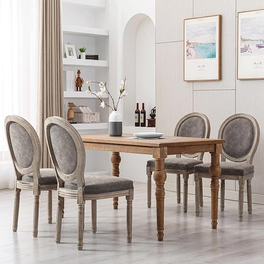 Farmhouse Leather Dining Room Chairs Set of 4 French Dining Chairs with Round Back, Wood Legs, French Bistro Chairs for Dining Room/Living Room/Kitchen/Restaurant, Grey