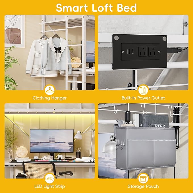 Loft Bed Twin,Loft Bed with Built-in Power Outlet LED Lights,Clothing Hanger Space Saving,Storage Pouch,Heavy Duty Metal Safety Guard Rail for Kids Teens Adults,No Box Spring Needed,White