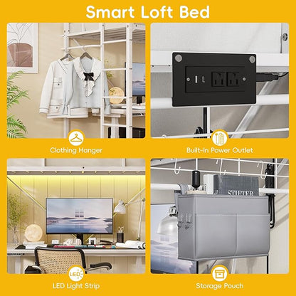 Loft Bed Twin,Loft Bed with Built-in Power Outlet LED Lights,Clothing Hanger Space Saving,Storage Pouch,Heavy Duty Metal Safety Guard Rail for Kids Teens Adults,No Box Spring Needed,White