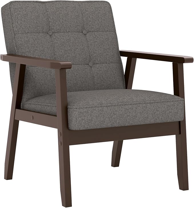 KCC Mid-Century Modern Linen Fabric Accent Chair, Upholstered Tufted Leisure Chair Comfy Reading Side Chair with Armrest and Solid Wood Frame for Living Room Bedroom Balcony(Gray)