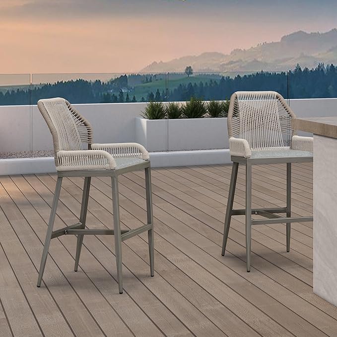 PURPLE LEAF 4 Pieces Bar Stools Patio Modern Rattan Barstools Aluminum Woven Tall Bar Chairs with Cushions for Outdoor Kitchen Island Garden