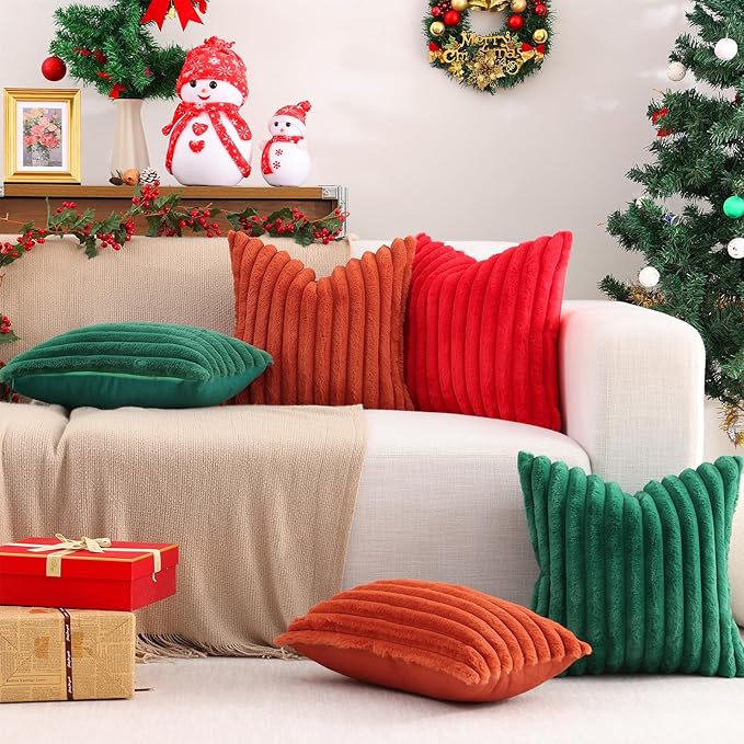 Pallene Faux Fur Plush Christmas Throw Pillow Covers 18x18 Set of 2, Luxury Soft Fluffy Striped Decorative Pillow Covers for Sofa, Couch, Living Room, Christmas Green