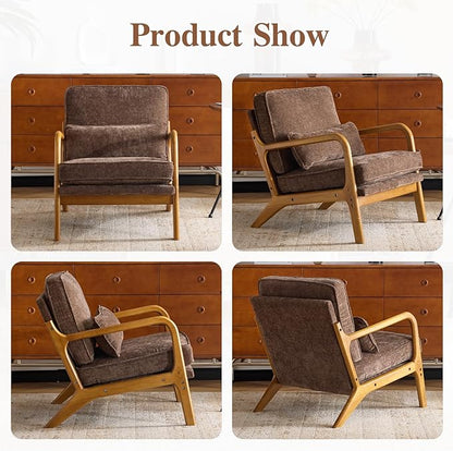 Karl home Mid Century Modern Accent Chair with Lumbar Pillow & Oak Arms – Plush Chenille Living Room Chair for Bedroom, Lounge (Brown)