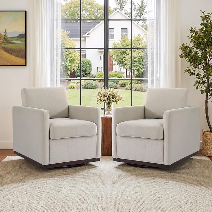 UIXE Swivel Accent Chair, Chenille Upholstered Armchair Comfy Club Chair for Living Room, Mid Century Modern Arm Chair Single Sofa Nook Bedroom Side Reading Seat - Beige