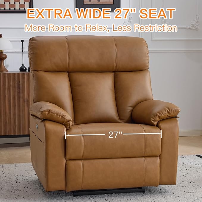AEDI 450lbs Genuine Leather Power Recliner Chair for Big and Tall Adults Oversized Electric Reclining Sofa for Living Room,Extra Wide 27" Seat,USB Charging(Top Grain Leather,Camel)