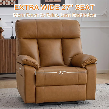AEDI 450lbs Genuine Leather Power Recliner Chair for Big and Tall Adults Oversized Electric Reclining Sofa for Living Room,Extra Wide 27" Seat,USB Charging(Top Grain Leather,Camel)