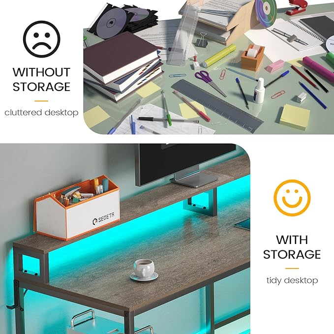 SEDETA L Shaped Desk, 66" Home Office Desk with Wood File Drawer, Power Outlet, Corner Computer Desk with Monitor Shelf, Printer Storage Shelves, Gaming Desk with Led Lights, Two Person Desk, Walnut
