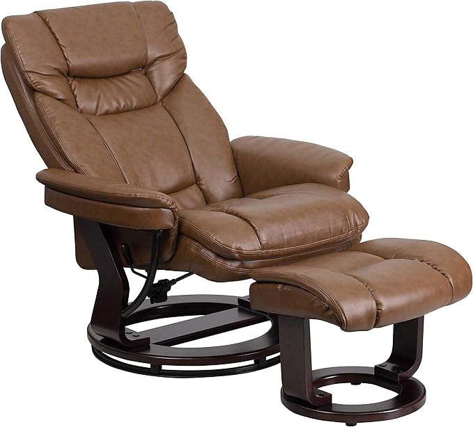 Flash Furniture Allie LeatherSoft Upholstered Recliner with Footrest, Arms, and Headrest, Padded Swivel Recliner Chair and Ottoman Set, Palimino