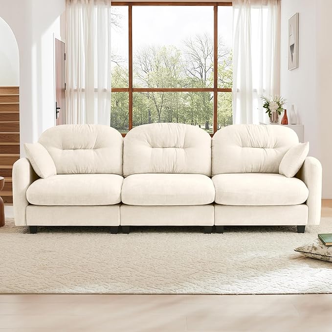107" Sofas for Living Room, Comfy Chenille Fabric Cloud Sectional Couch, Modern Upholstered Deep Seat Sofa with Armrest Pillow, 3 Seater Couch for Small Spaces Apartment, Beige