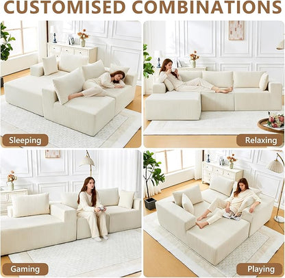 109" Cloud Sectional Couch, Boneless Couches for Living Room, Modular Sectional Sofa with Deep Seat, L-Shape Couch with Chaise, Comfy Corduroy Fluffy Modern Modular Sofa, No Assembly Required, Beige