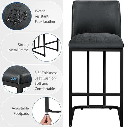 Yaheetech Bar Stools Set of 4, Counter Height Kitchen Stools 24'' Modern Leather Upholstered Bar Chairs with Back and Metal Legs for Kitchen Counter, Dark Gray