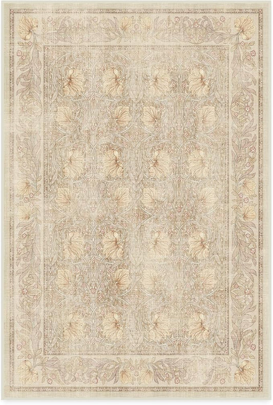 RUGGABLE x Morris & Co Washable Area Rug – Pimpernel Vintage Stone 4x6, Stain-Resistant, Non-Slip – Medium Machine Washable Rugs for Living Room, Bedroom, Hallway, Entryway & Office–with Standard Pad