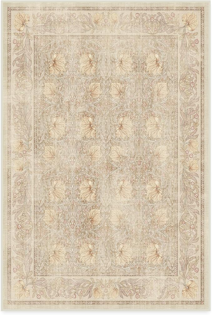 RUGGABLE x Morris & Co Washable Area Rug– Pimpernel Vintage Stone 4x6, Stain-Resistant, Non-Slip – Medium Machine Washable Rugs for Living Room, Bedroom, Hallway, Entryway & Office–with Cushioned Pad