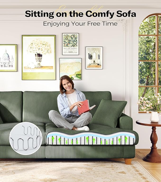 87in Corduroy Couch, Kidirect Sofa No Tool Assembly, Comfy Couches for Living Room 21in Deeper Seats, Corduroy Sofas for Living Room with 2 Pillows, Oversized Loveseat Sofa, Boho Love Seat Green Couch