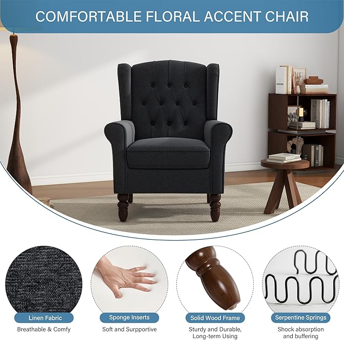 UIXE High Back Accent Chair, Fabric Upholstered Armchair Wingback Club Chair for Living Room, Comfy Single Sofa Bedroom Retro Reading Seat with Solid Wood Legs - Brown
