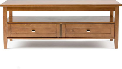 SIMPLIHOME Warm Shaker Coffee Table - 48 inch Wide Solid Wood Cocktail Table in Light Golden Brown, Transitional Living Room Table with 2 Storage Drawers and Open Shelf for Sitting Area or Lounge