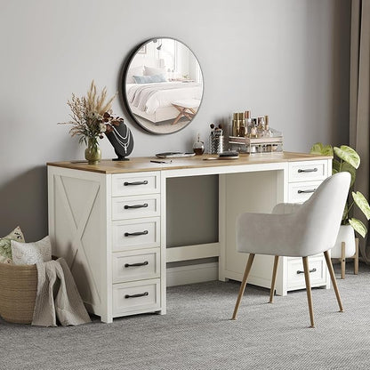WOPITUES 60" Farmhouse Home Office Desk with 10 Wooden Drawers, Rustic Computer Writing Desk with Power Outlets, Large Executive Desk with Storage Cabinet for Work Study Writing, Rustic Brown & White